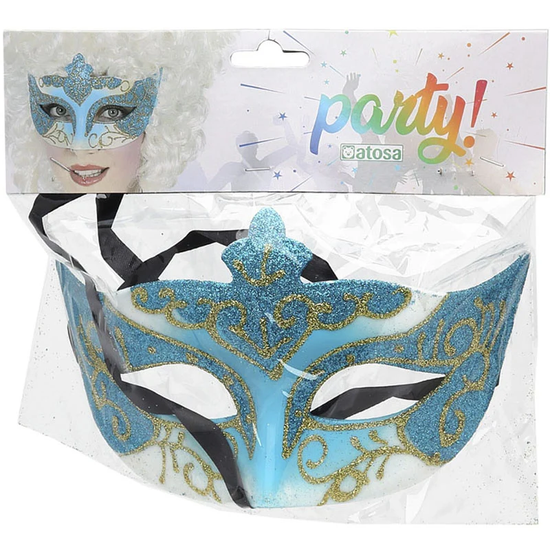 Antifaz veneciano azul con purpurina - Imagen 2