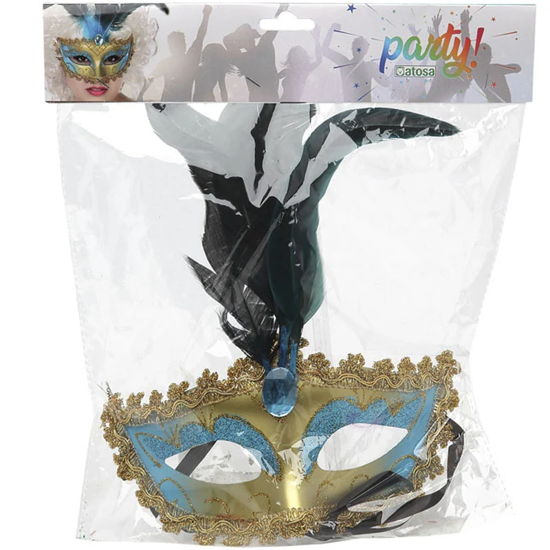 Antifaz veneciano con pluma azul celeste - Imagen 2