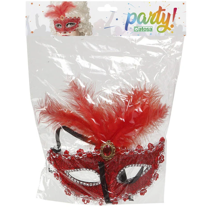Antifaz veneciano rojo con pluma - Imagen 2