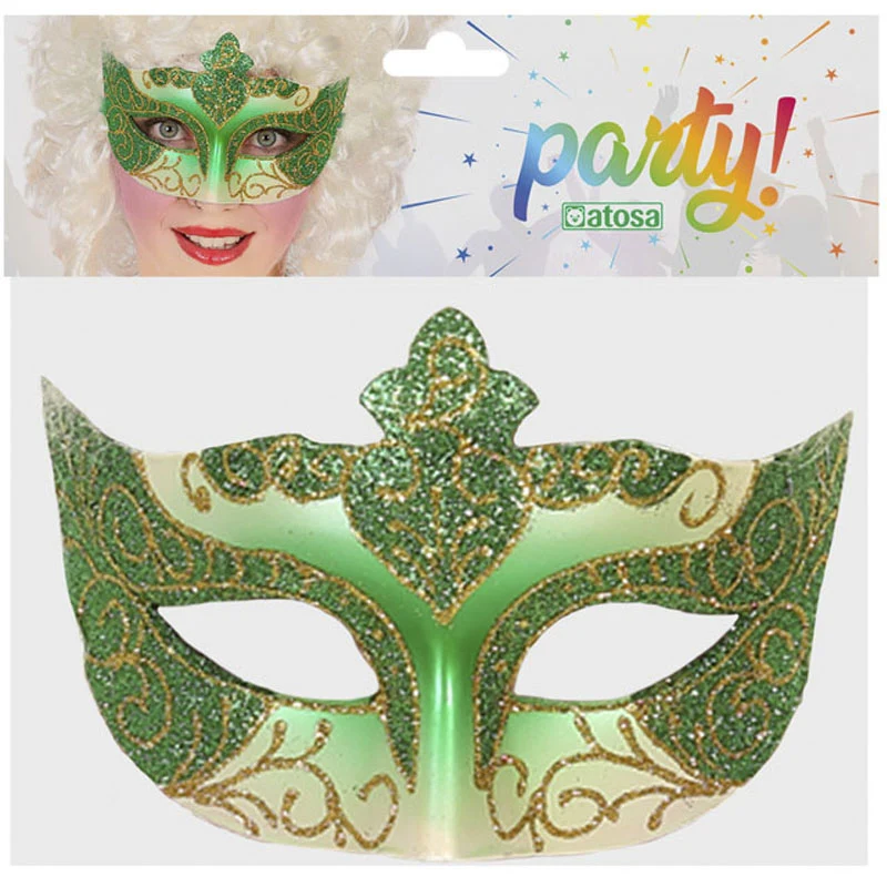 Antifaz veneciano verde con purpurina - Imagen 2